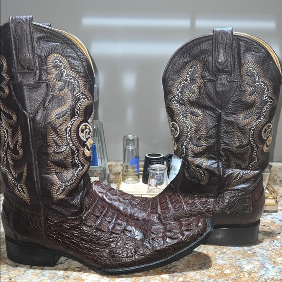 Men's Dark Brown Embossed Crocodileand Leather Sole Western Boots